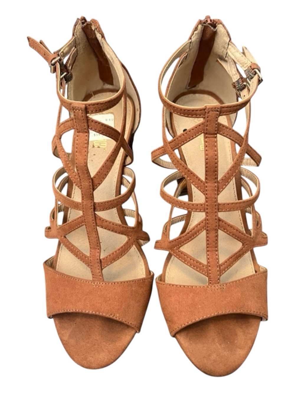 Payless Strappy Suede Block Heels in Tan Brown